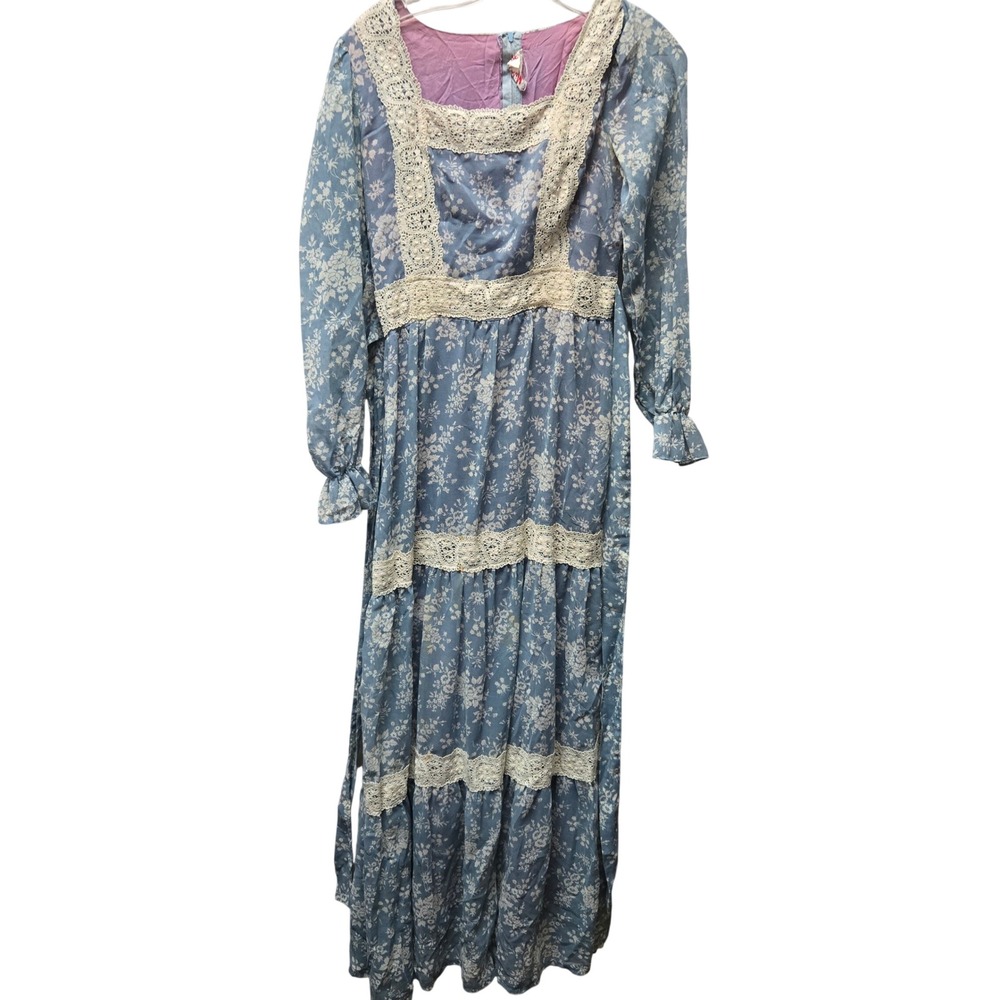 Vintage Misty Lane Floral Prairie Maxi Dress Lace Trim Cottagecore Long Sleeve